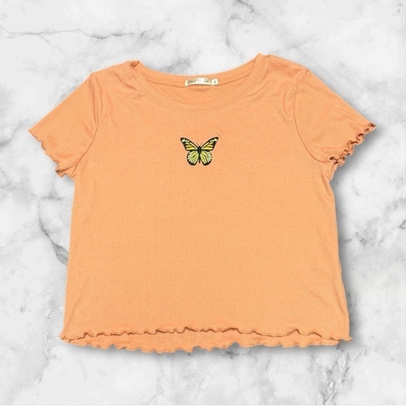 Heart Hips Tee Y2K Style Cropped Embroidered Butterfly Lettuce Hem Orange Large - Picture 1 of 5